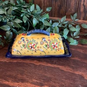 Anthropologie Lyna Covered Butter Dish container Blue & Yellow Floral